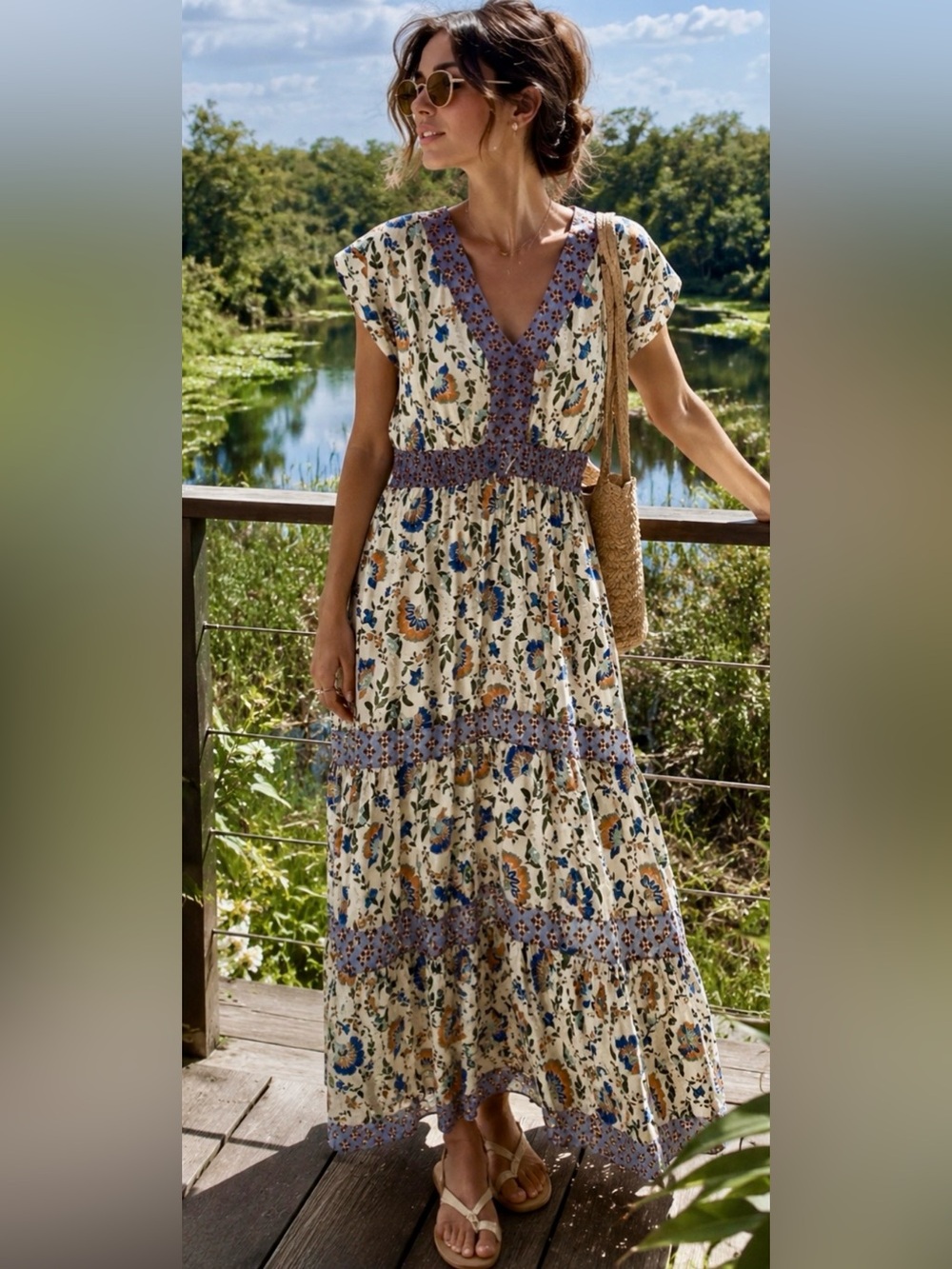 NWT DRESS Rachel Zoe Cream and Blue Floral Maxi Floral Vintage Retro Style SZ:M